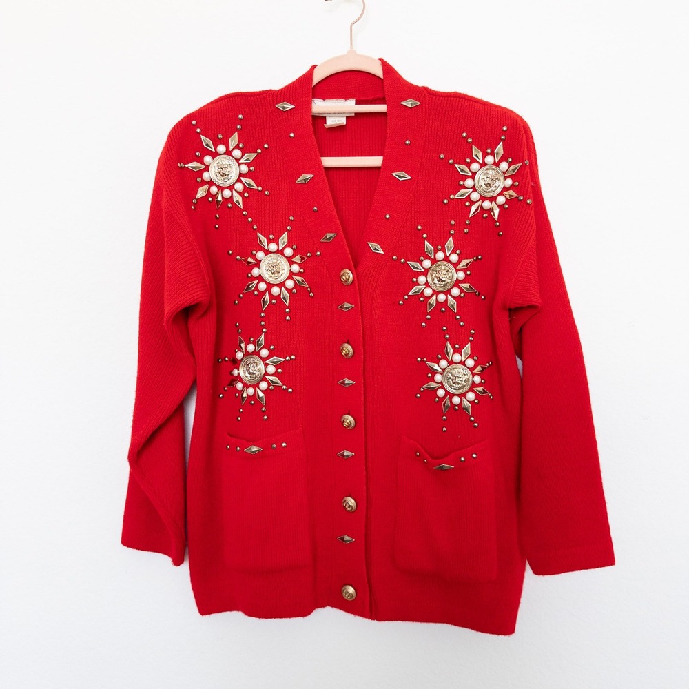VTG Liebe Womens Cardigan Sweater One Size Red Beaded‎ Holiday Retro